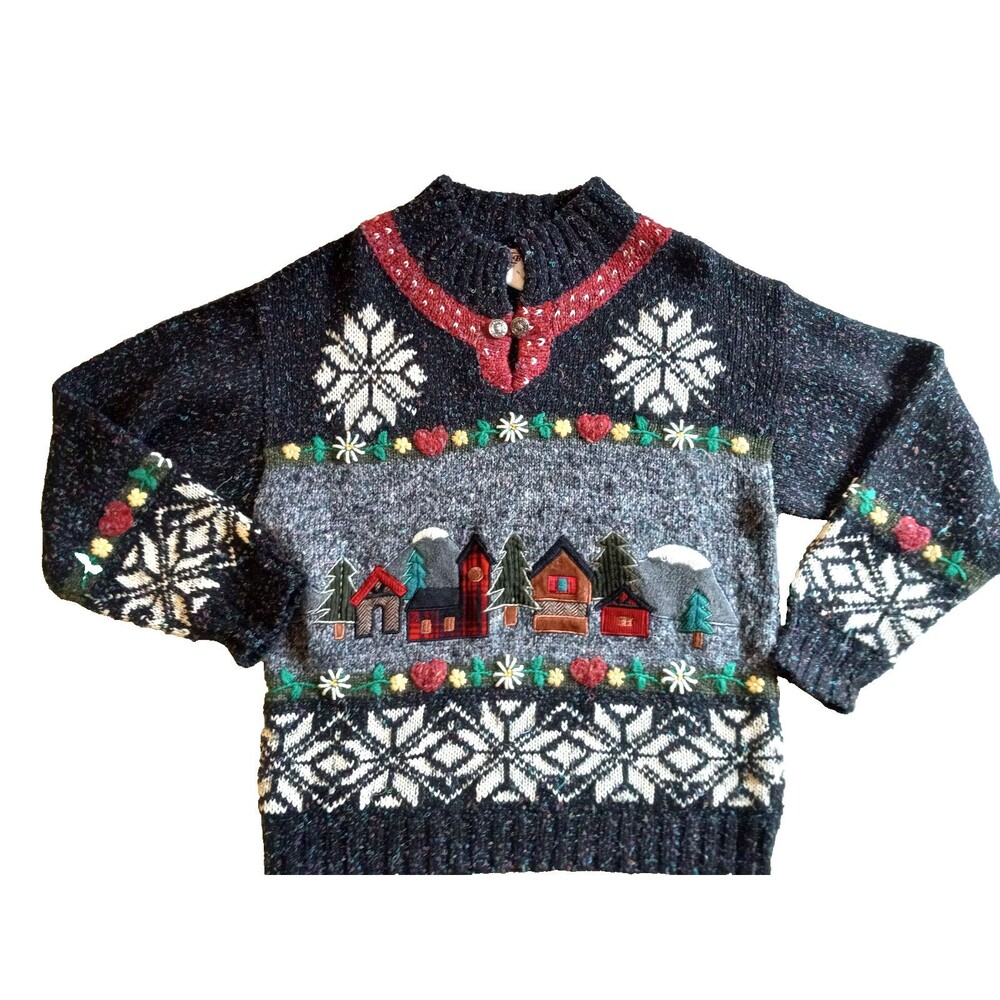 Cabin Core PBJ Sport Black snowflake cabin winter embroidered Sweater Size M